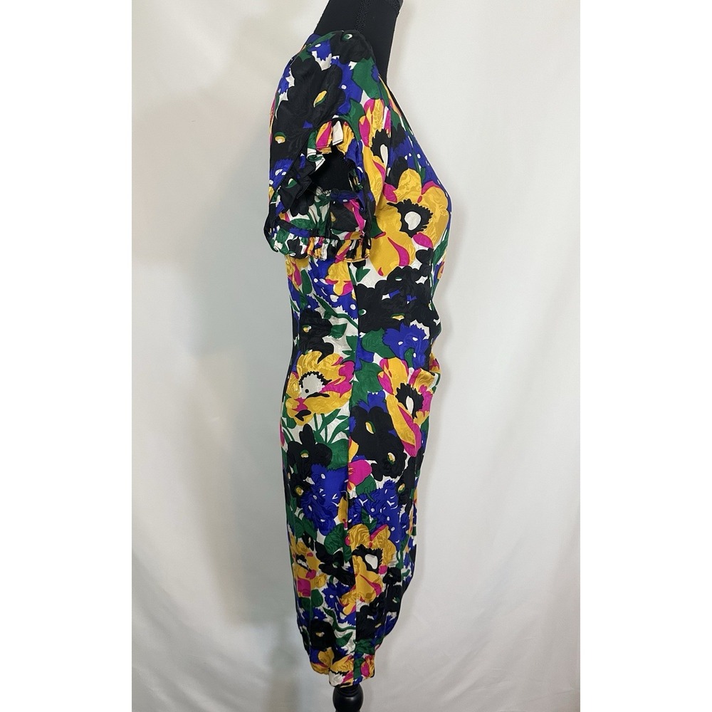 VTG *RARE* 1980's Flora Kung 100% Silk Colorful Floral Puff Sleeve Wrap Dress 6 - Picture 4 of 16